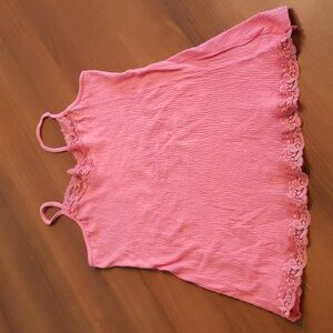 Salmon crinkle textured tank top with lace at neck and front hemline.Bin#5